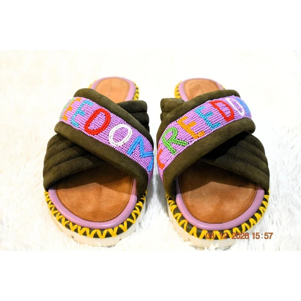 Rue De La Lune X Freedom Beaded Platforms Olive Suede Multicolor - Women's 39/8